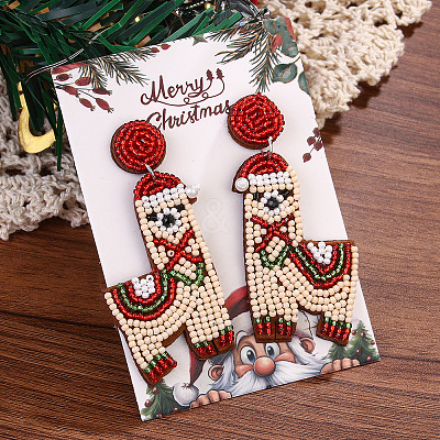 Christmas Plastic Seed Beads & Cloth Dangle Stud Earrings FS-WG8935B-02-1