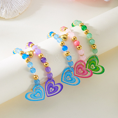 Glass Resin Magnetic Heart Friendship Stretch Bead Bracelet Sets for Women WG24CEB-01-1
