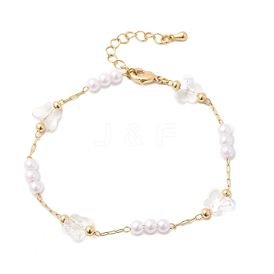 Brass & Glass Link Chain Bracelets for Women BJEW-F517-02G-01-1