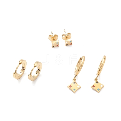 3 Pairs 3 Style Enamel Rhombus with Star Dangle Hoop Earrings EJEW-B020-10G-1