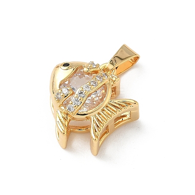 Brass Micro Pave Cubic Zirconia Fish Charms KK-Z136-49G-01-1