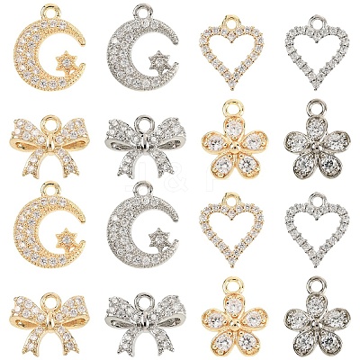 16Pcs 8 Styles Rack Plating Brass Micro Pave Cubic Zirconia Charms ZIRC-YW0001-30-1