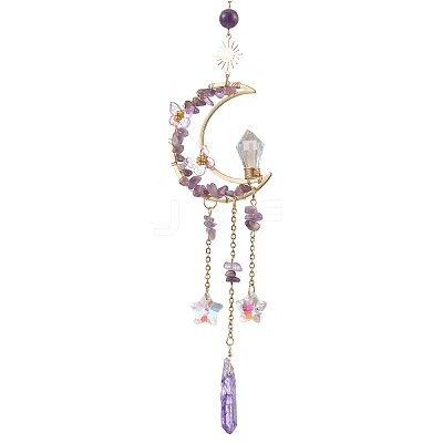 Wire Wrapped Natural Amethyst Chips Moon Hanging Ornaments HJEW-JM02621-02-1