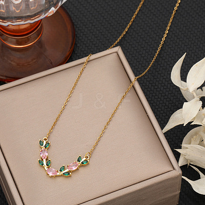 Brass Pave Cubic Zirconia Leaf V Shaped Pendant Necklaces for Women WG6C61B-02-1
