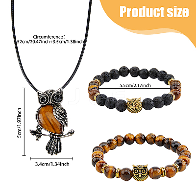 Alloy Owl Pendant Necklace & Beaded Stretch Bracelets SJEW-FI0001-06-1