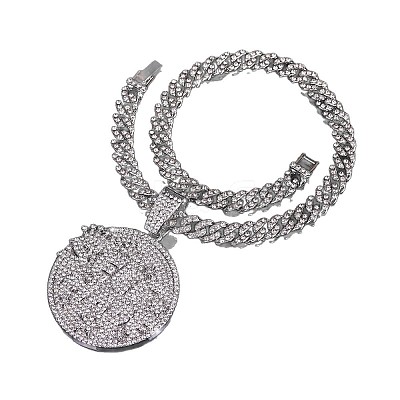 Hip-Hop Alloy Full Crystal Rhinestone Self Made Medal Pendant Cuban Link Chain Necklaces for Men Women FS-WG8D003-04-1