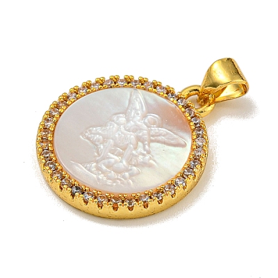 Rack Plating Brass Micro Pave Clear Cubic Zirconia Flat Round Pendants KK-U025-10G-02-1