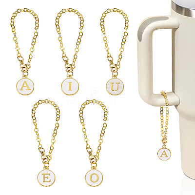 5Pcs 5 Styles Flat Round with Letter Alloy Enamel Wine Glass Charms HJEW-TA0001-14-1