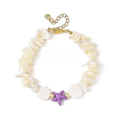 Ocean Dyed Synthetic Turquoise Starfish and Natural White Shell Chip Beaded Bracelets for Women BJEW-JB14282-1