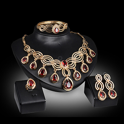 Teardrop Alloy Rhinestone Pendant Necklaces & Stud Dangle Earrings & Bangles & Rings Sets FS-WGBA23F-01-1
