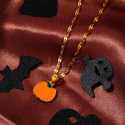 304 Stainless Steel Enamel Halloween Pumpkin Pendant Dapped Chain Necklaces DR6238-1