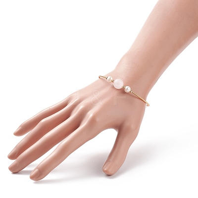 Natural Rose Quartz & Pearl Round Beaded Bangle BJEW-JB08464-02-1