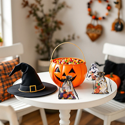 40Pcs 4 Styles Halloween Theme Spider Bat Skull Printed Organza Drawstring Bags ABAG-TA0002-03-1