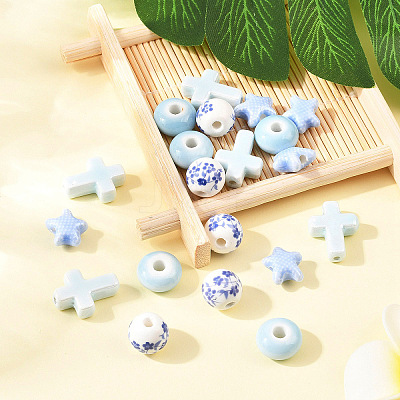 20Pcs 4 Styles Handmade Flower Printed Porcelain Ceramic Beads Strands PORC-YW0001-58-1