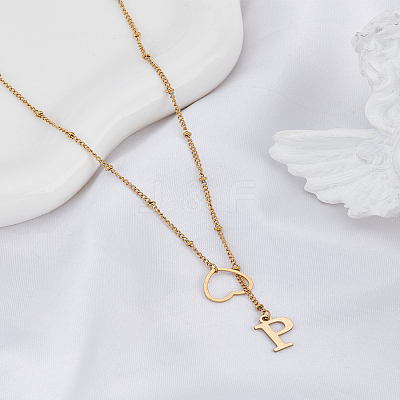 1Pc Letter & Heart Stainless Steel Lariat Necklaces for Women NJEW-LP0002-87G-P-1