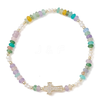 Brass Micro Pave Clear Cubic Zirconia Cross & Natural Pearl & White Jade Rondelle Beads Stretch Bracelets for Women BJEW-JB13114-01-1