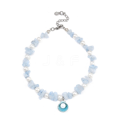 Alloy Enamel Shell Shape Charm White Round Shell Pearl & Natural Dyed Aquamarine Chip Beaded Anklets AJEW-AN00734-02-1