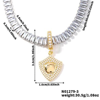 Fashionable Rock Hip-hop Style Brass Pave Clear Cubic Zirconia Shield Pendant Tennis Necklaces for Men VV4192-3-1