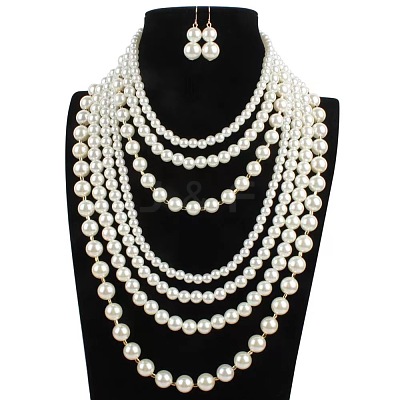 Plastic Pearl Round Beaded Multilayer Necklaces & Dangle Earrings Sets FS-WG7C7AA-03-1