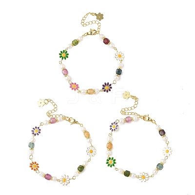 Brass Enamel Flower Link Chain Bracelets for Women BJEW-JB14164-1