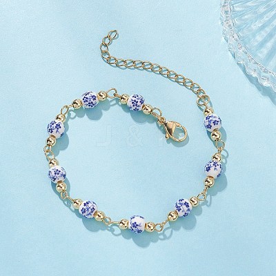 Round Flower Printed Porcelain Ceramic Beads Link Chain Bracelets for Women BJEW-JB12684-01-1