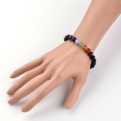 Chakra Natural Dyed & Heated Black Agate Beaded Stretch Bracelets BJEW-JB02225-02-1