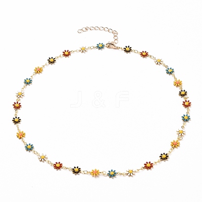 Golden Brass Flower Enamel Links Chain Necklaces NJEW-JN03171-01-1