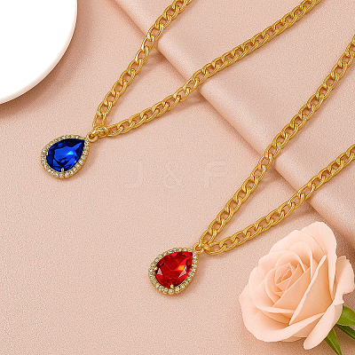 4Pcs 4 Colors Brass Rhinestone Teardrop Pendant Aluminum Chain Necklaces for Women NJEW-HY0001-33-1