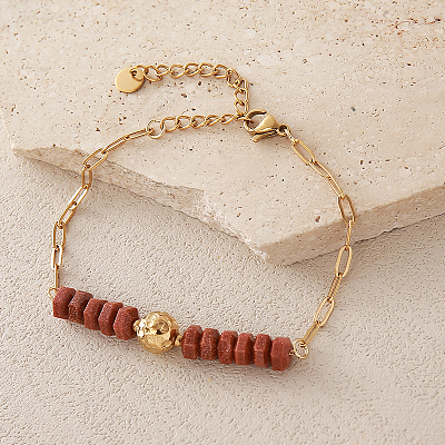 Synthetic Goldstone Hexagon Heishi Beads & 304 Stainless Steel Paperclip Chain Necklace & Bracelets for Women SG1071-3-1