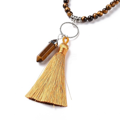 Natural Tibetan Agate Bullet & Tassel Pendant Necklace with Mixed Gemstone Beaded Chains NJEW-E585-02B-1