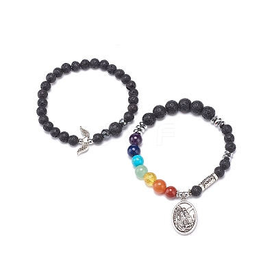 2Pcs 2 Style Style Natural Lava Rock & Mixed Stone & Synthetic Hematite Stretch Bracelets Set BJEW-JB08733-1