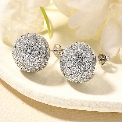 Half Round Brass Micro Pave Clear Cubic Zirconia Stud Earrings EJEW-C126-05P-1