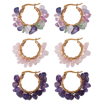 3 Pairs 3 Styles Natural Gemstone Chips Braided Hoop Earrings EJEW-TADJ00003-1