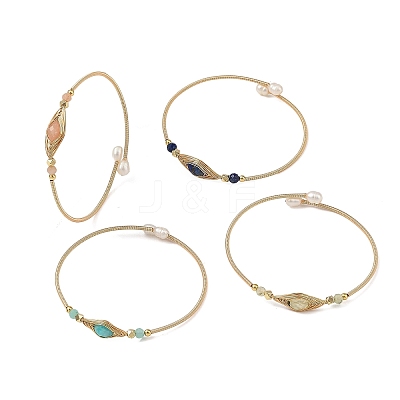 Faceted Horse Eye Natural Mixed Stone Herringbone Wire-Wrapped Brass Open Cuff Bangles with Natural Pearl for Women BJEW-JB14303-1
