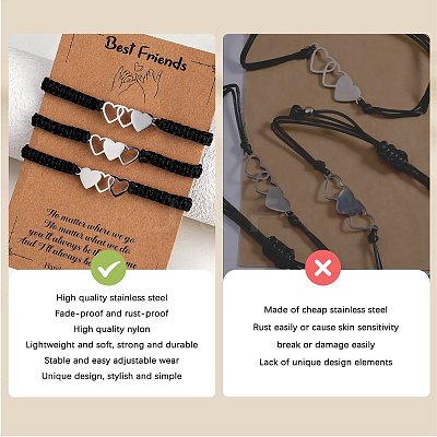 3Pcs 3 Style Stainless Steel Heart Link Bracelets Set BJEW-SW00106-02-1