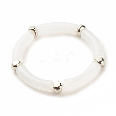 White Acrylic Curved Tube Chunky Stretch Bracelet with CCB Plastic for Women BJEW-JB08126-01-1