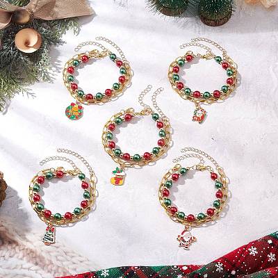 5Pcs 5 Styles Christmas Alloy Enamel Multi-strand Bracelets for Women BJEW-JB12079-1