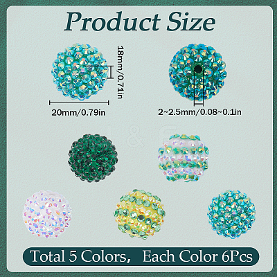 30Pcs 5 Style Round Resin Rhinestone Graduated Beads RESI-SC0003-05-1