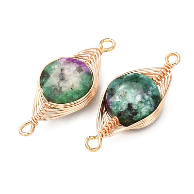 Dyed Natural Sesame Jasper Faceted Hexagonal Cut Flat Round Links Connector Charms with Copper Herringbone Wire-Wrapped KK-Z152-07G-08-1