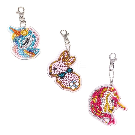 Acrylic Diamond Unicorn & Rabbit Pendant Keychain Kits PW-WG80048-01-1