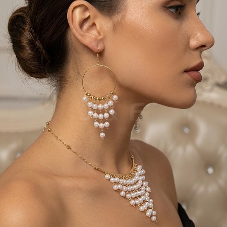 Alloy & Imitation Pearl Round Tassel Dangle Earrings & Necklaces Sets for Women WG98AEF-01-1