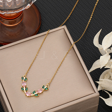 Brass Pave Cubic Zirconia Leaf V Shaped Pendant Necklaces for Women WG6C61B-02-1