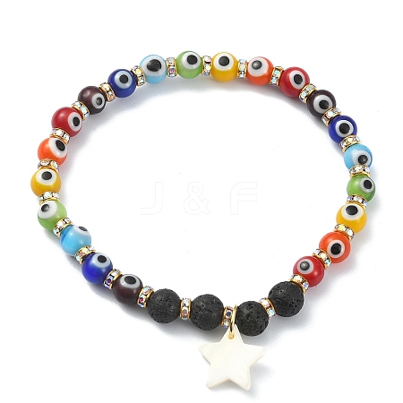 Natural Lava Rock & Lampwork Evil Eye Round Beaded Stretch Bracelet BJEW-JB09376-1