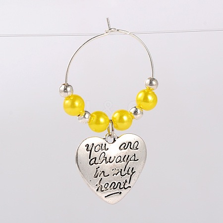 Tibetan Style Heart with Word You Are Always In My Heart Wine Glass Charms AJEW-JO00029-05-1