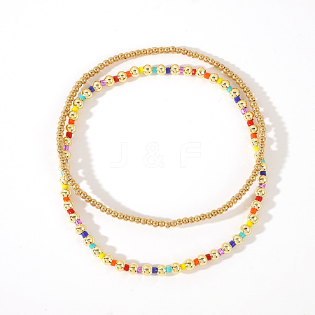 2Pcs Fashionable Brass & Seed Beads Beaded Stretch Bracelet Sets for Women ZD1327-3-1