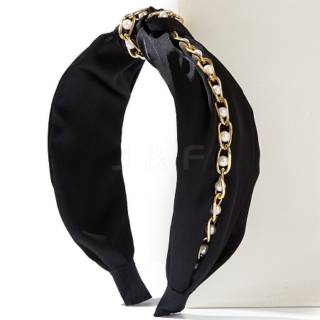 Imitation Pearls Chain Decor Pleated Cloth Headbands PW-WGBFABE-01-1