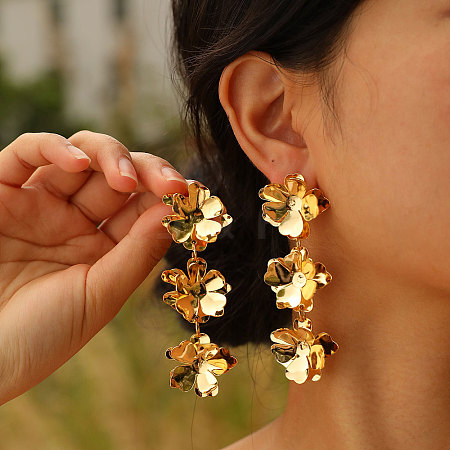 Triple Flower Brass Stud Earrings EJEW-K257-05G-1