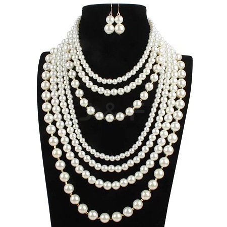 Plastic Pearl Round Beaded Multilayer Necklaces & Dangle Earrings Sets FS-WG7C7AA-03-1