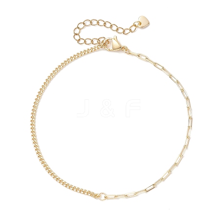 Brass Curb Chain & Paperclip Chain Anklets with 201 Stainless Steel End Chain Heart Charms AJEW-AN00762-1