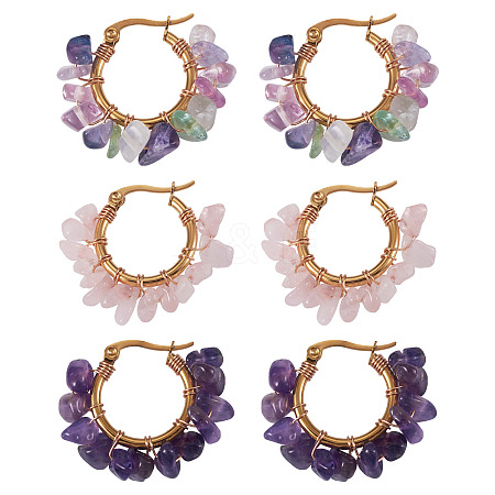 3 Pairs 3 Styles Natural Gemstone Chips Braided Hoop Earrings EJEW-TADJ00003-1